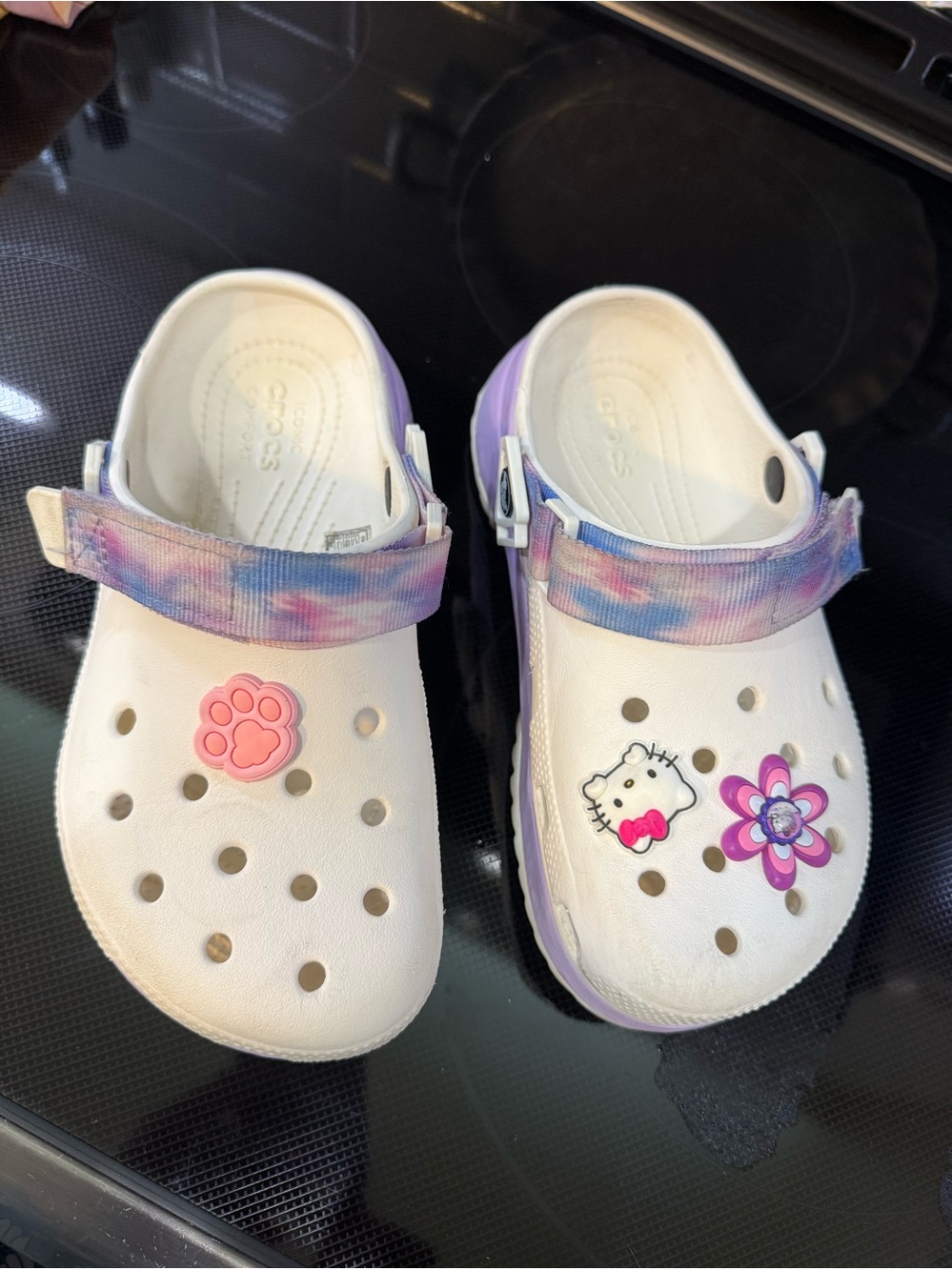 Crocs mega crush White Clog Sandals with Purple Tie-Dye Strap